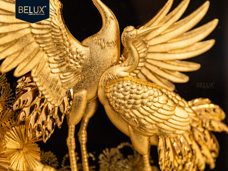 Tranh Tùng Hạc diên niên dát vàng 24k 32x25cm